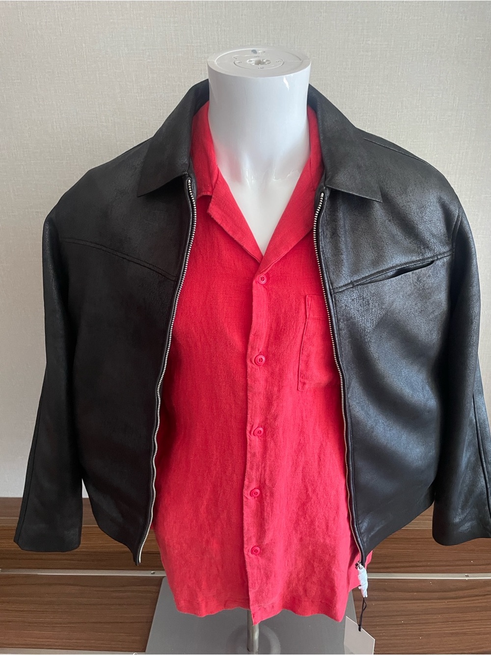 Zara Men's Black Leather Zip-Up Bomber Jacket